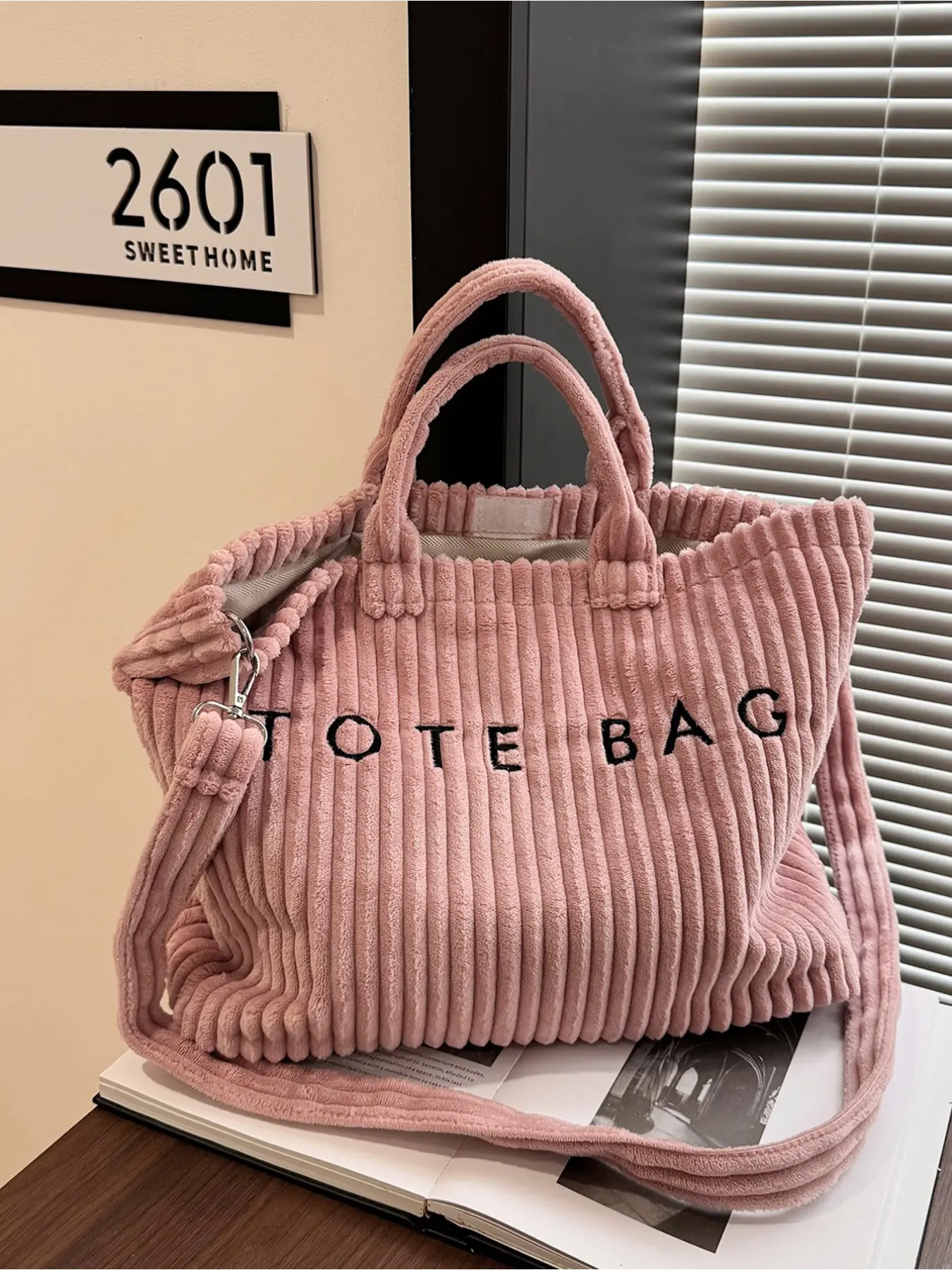 New Arrival Vertical Corduroy Tote Bag for Women Four Soft Macaron Colors Large Capacity Crossbody Shoulder Bag Commuter Bag Dual Use for Office Commute