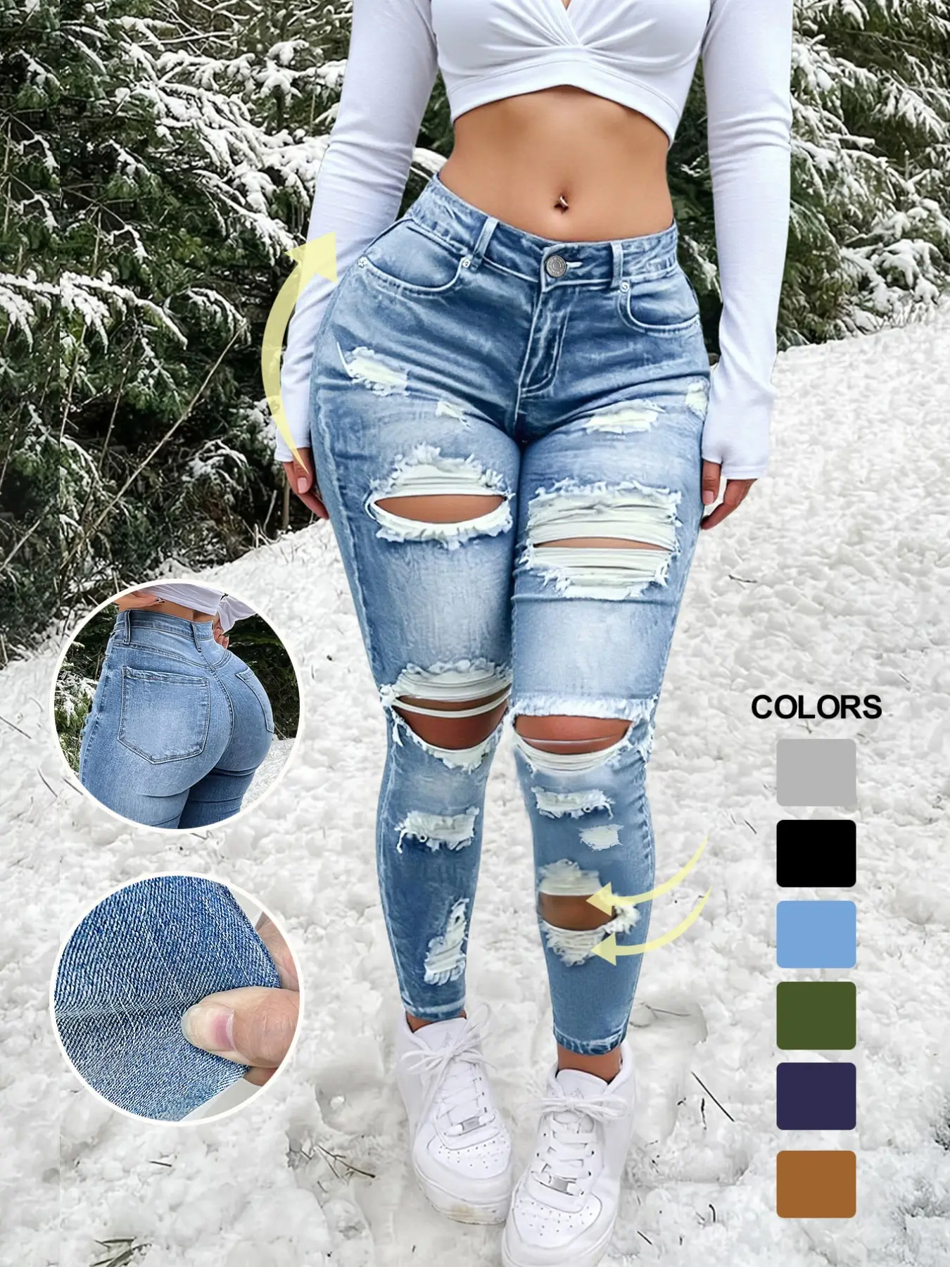 Women's High Waist Slimming Ripped Denim Jeans, High Stretch Skinny Fit, Casual Fashion Pants, Comfortable and Stylish, Elastic Fitted Jeans