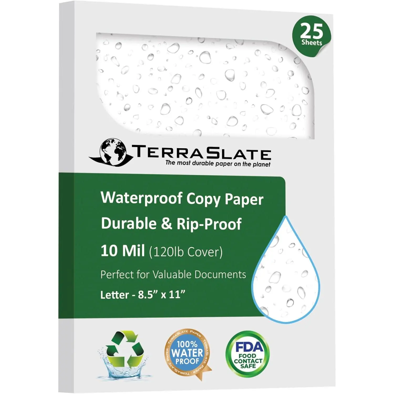 Premium Rain/Weather/Waterproof Paper, 10 MIL 8.5 x 11 Inches, Bright White, Durable Printer Paper (25 Sheets)