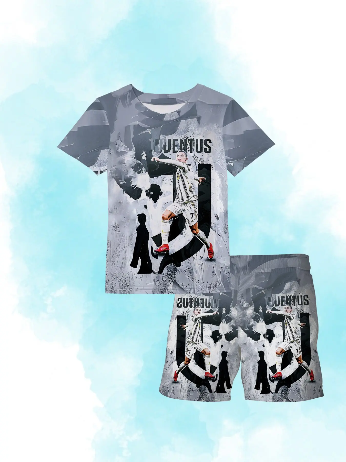 Juventus Cr7 Kids Football Set, Full-Print Watercolor Design, Quick-Dry Breathable, Slim-Fit Short Sleeve and Shorts, Casual Sportswear