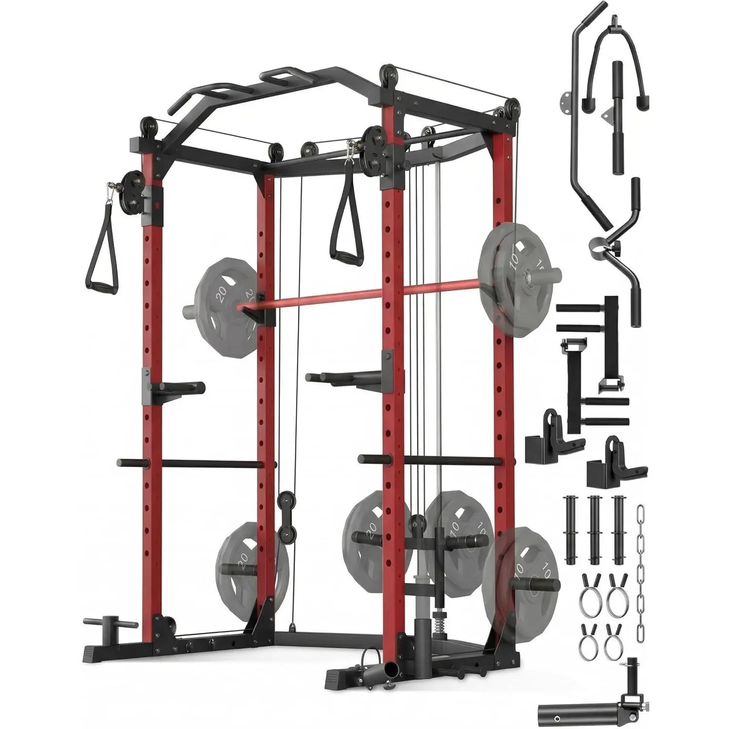 1600LBS Heavy Duty Power Cage with Independent Dual Pulley System, Half Rack Squat Cage System for Home Garage Gym, Multi-Functional Strength Training Workout Equipment with Lat Pulldown Dip Bars Landmine