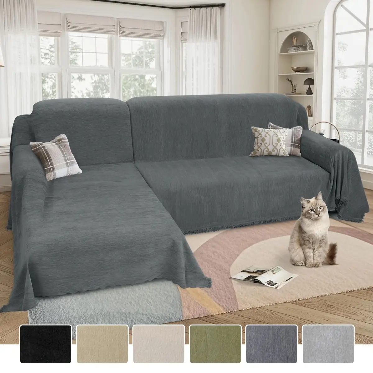 YANYANAN 2-Pcs Polyester Double-Sided Chenille Tassel Sofa Slipcovers - Machine Washable Couch Cover Blanket, Reusable, Pet-Friendly, Modern Living Room Accessory for Chaise Lounge Sofas
