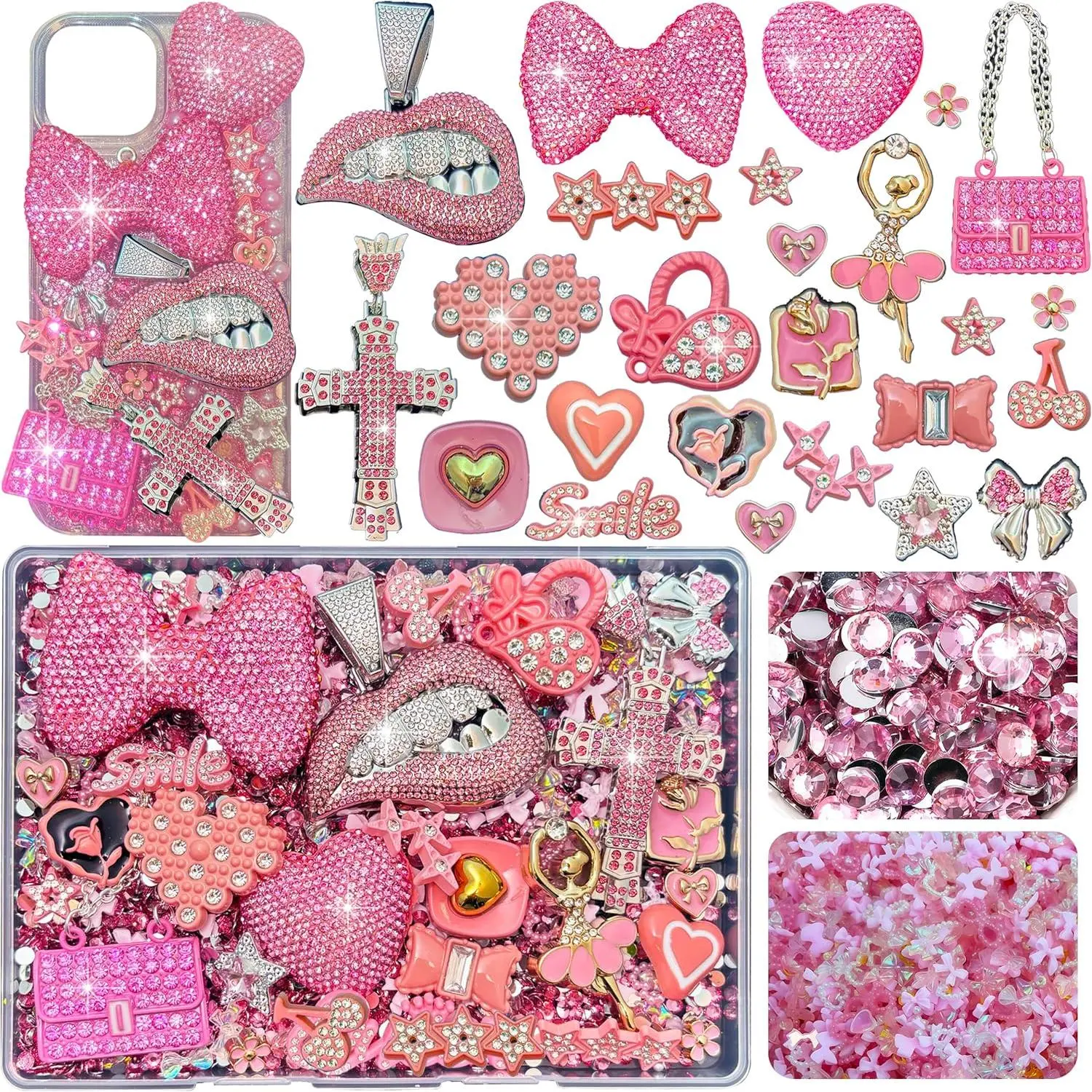 Junk Case Charms Kit, Pink Junks Phones Cases 3D Rhinestone Cool teeth and lips And Bows Chain Bags Hearts And Cross Flowers And Other Bedazzling Kits Can Be Used In DIY Phone Case Designs