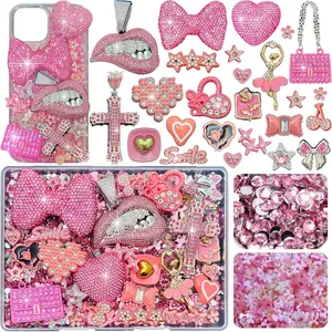 Junk Case Charms Kit, Pink Junks Phones Cases 3D Rhinestone Cool teeth and lips And Bows Chain Bags Hearts And Cross Flowers And Other Bedazzling Kits Can Be Used In DIY Phone Case Designs