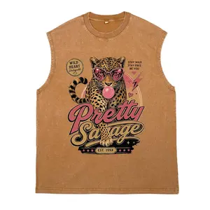 Leopard Print T-Shirt — A Retro, Nostalgic, and Playful Animal-Themed Tee: "Pretty Savage" — A Washed Tank Top Featuring a Vintage Leopard Print and Bubblegum Motif, Showcasing a Retro "Wild Heart" Graphic Design with a Distinct 90s Aesthetic.