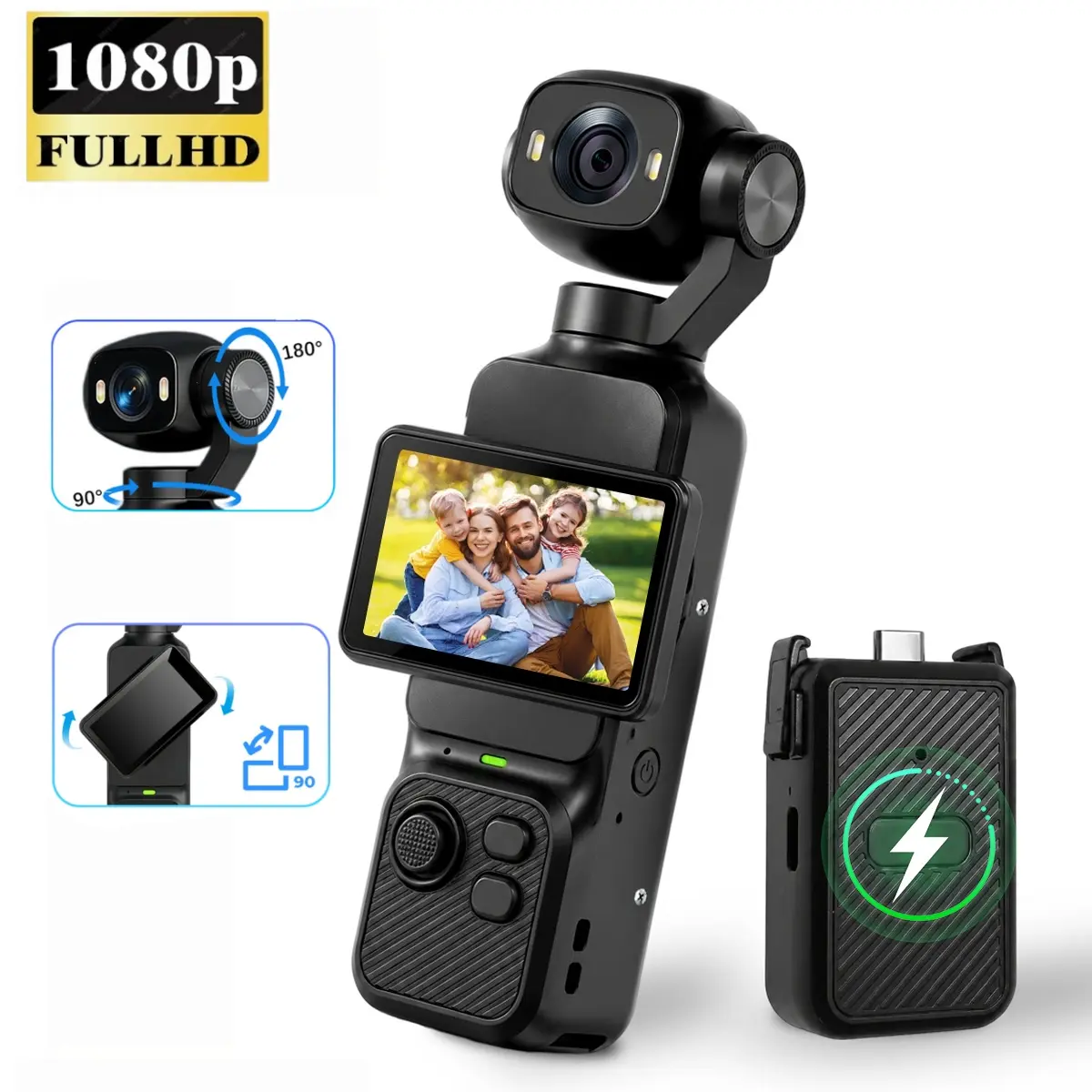 90° Flip Screen 1080P Vlogging Camera, 270° Rotatable Selfie Lens, Integrated LED, Battery Handle – Handheld POV Action Camera for TikTok, Outdoors & Creators.