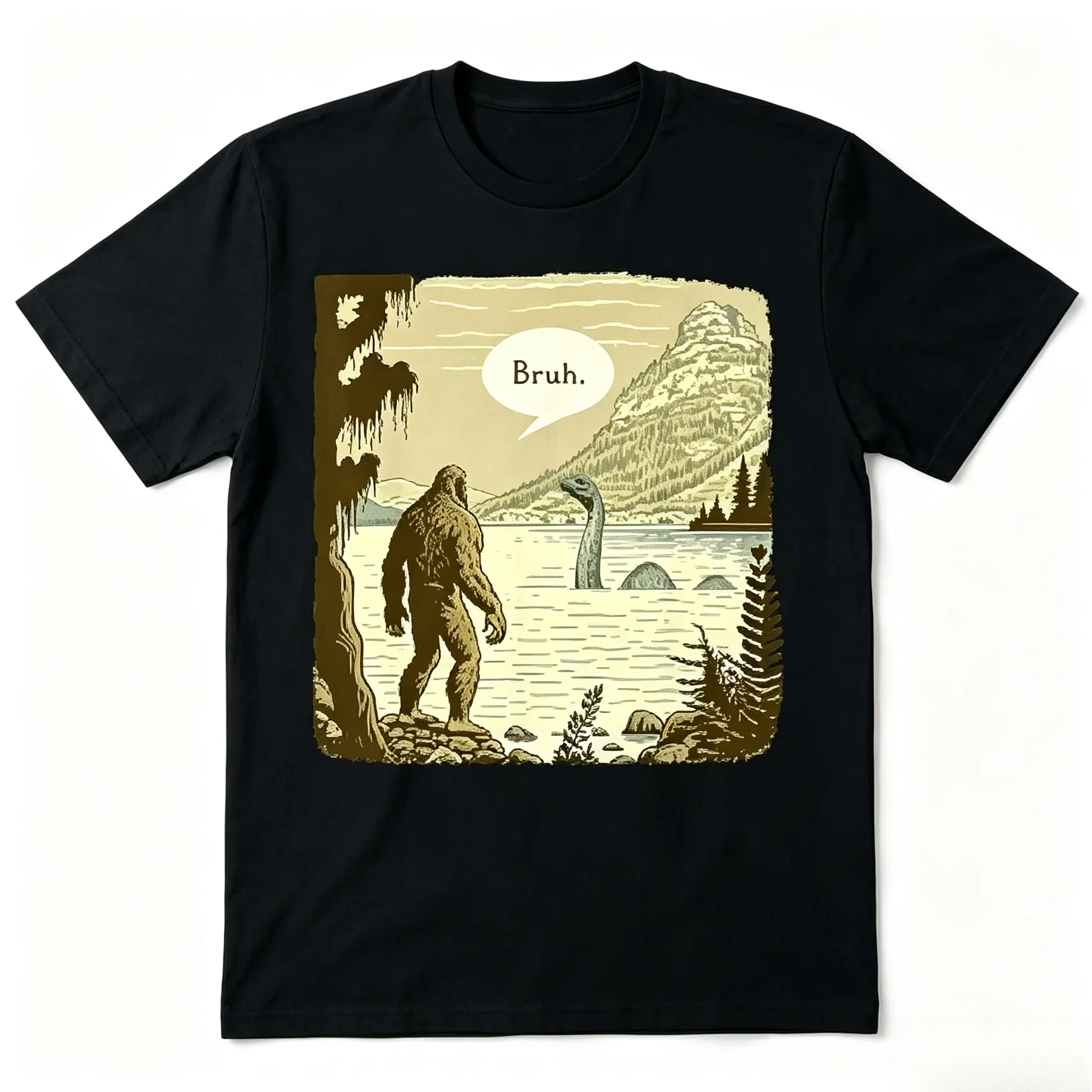 Bigfoot Loch Ness Monster Bruh Vintage Cryptid Graphic Cotton T-Shirt, Oversized Comfort Cute Fashion Casual Outfit, Perfect Valentine's Day Holiday Gift For Him Her Cryptid Fan Family Friends
