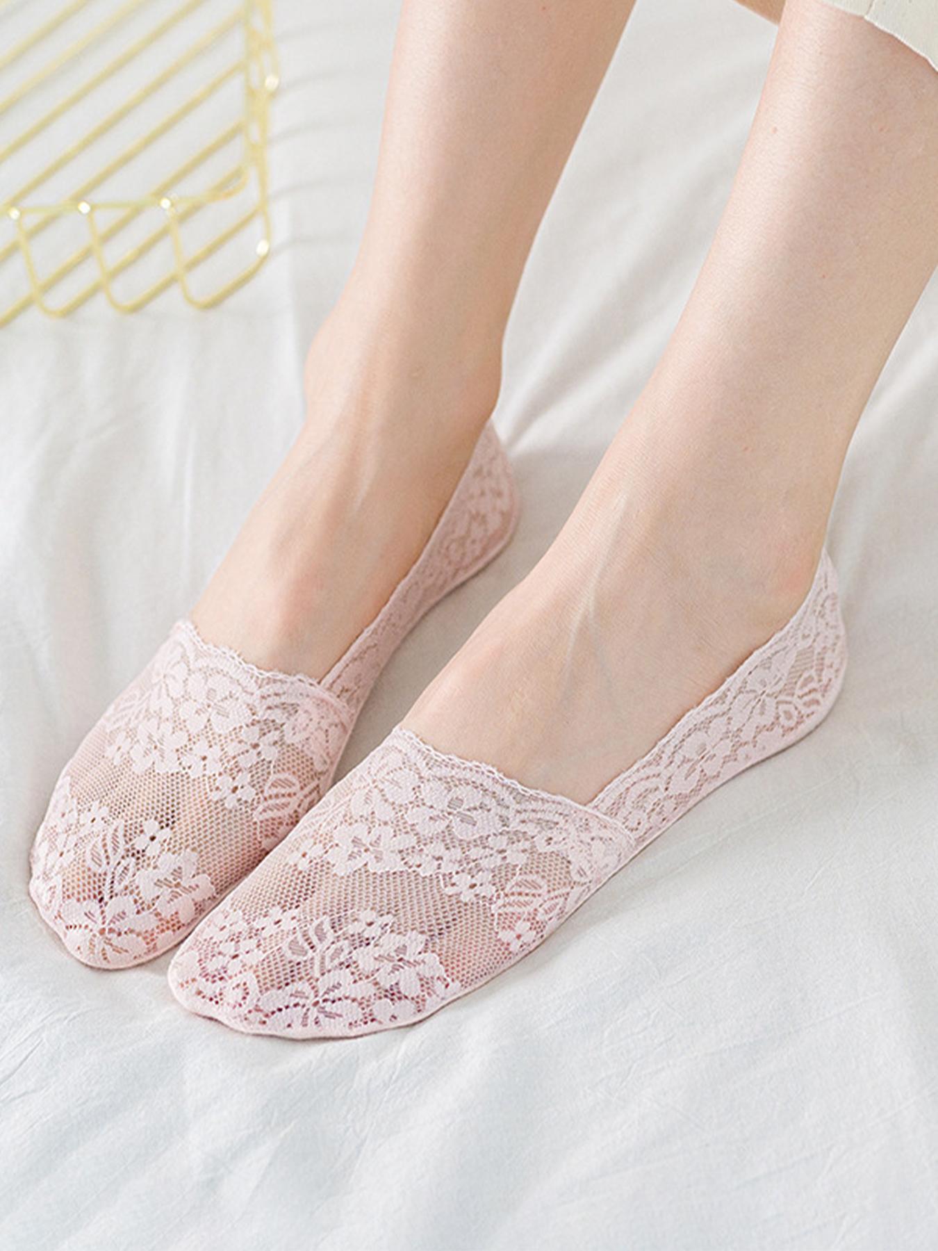Women's Solid Color Floral Lace Invisible Socks, Breathable Comfortable No Show Socks for Women, Multipack Knit Socks for Daily Wear