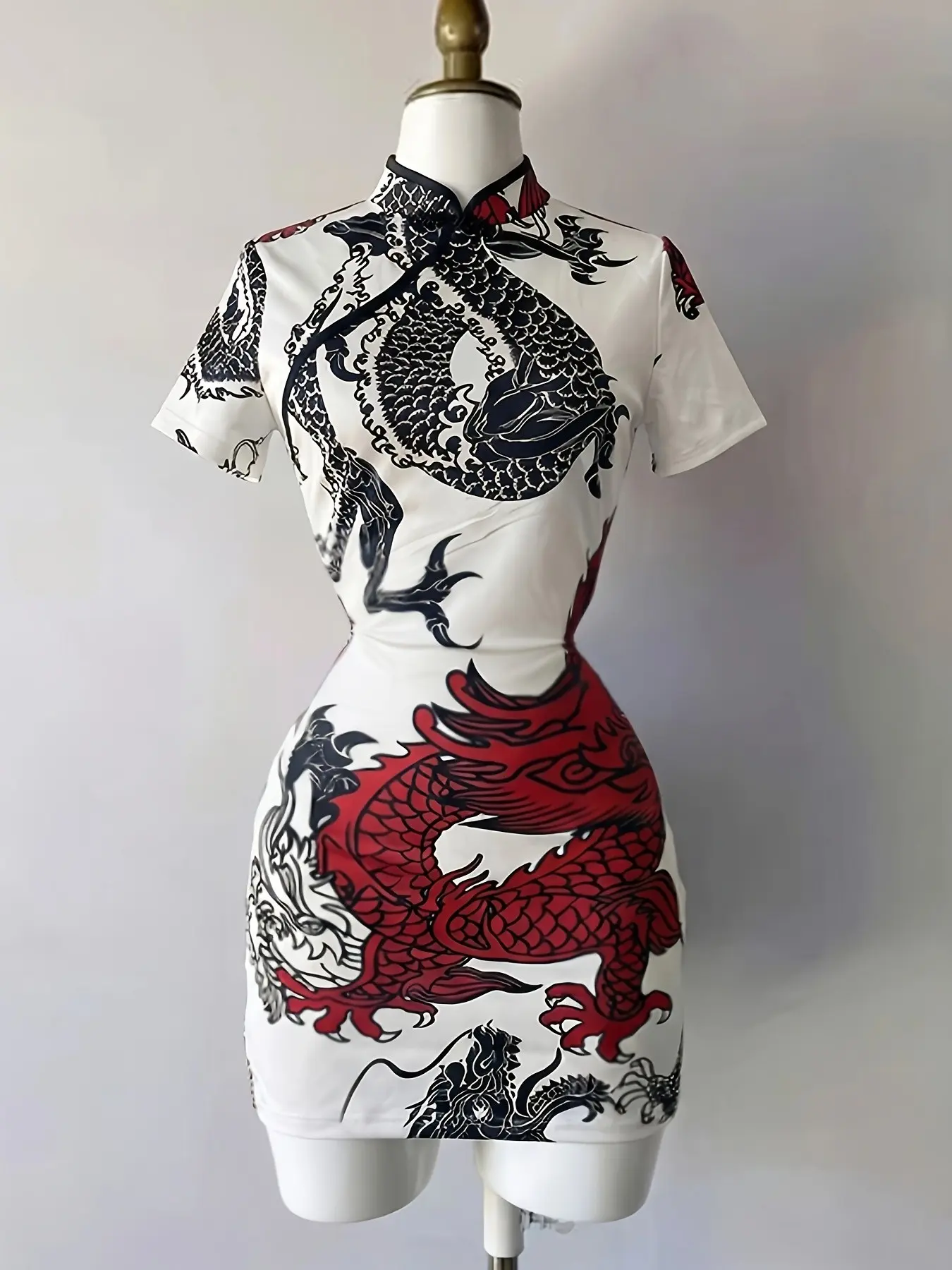 Dragon Pattern Modified Qipao Dress, Short Sleeve Slim Fit, Stand Collar Button Design, Traditional Style Fashion, Daily/party Wear