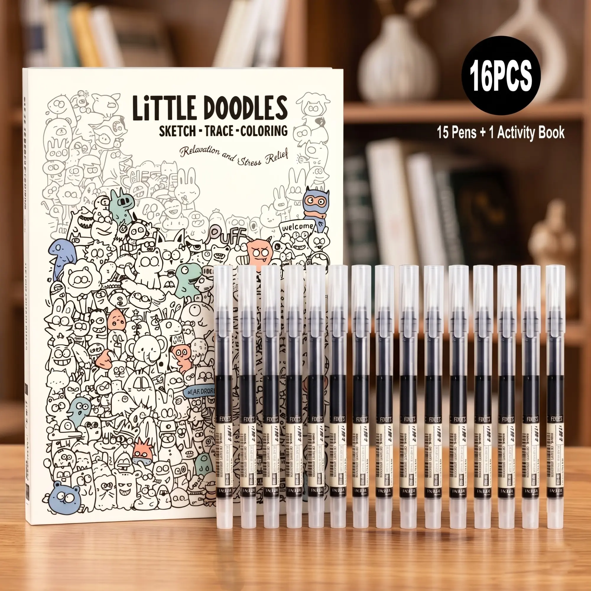 16PCS 3-in-1 Activity Book + 15 Pack Quick Dry Pens | Sketch + Trace + Color on A4 Dense Doodle Pad | Kills Boredom Instantly | Doodle Set | Art Drawing Supplies