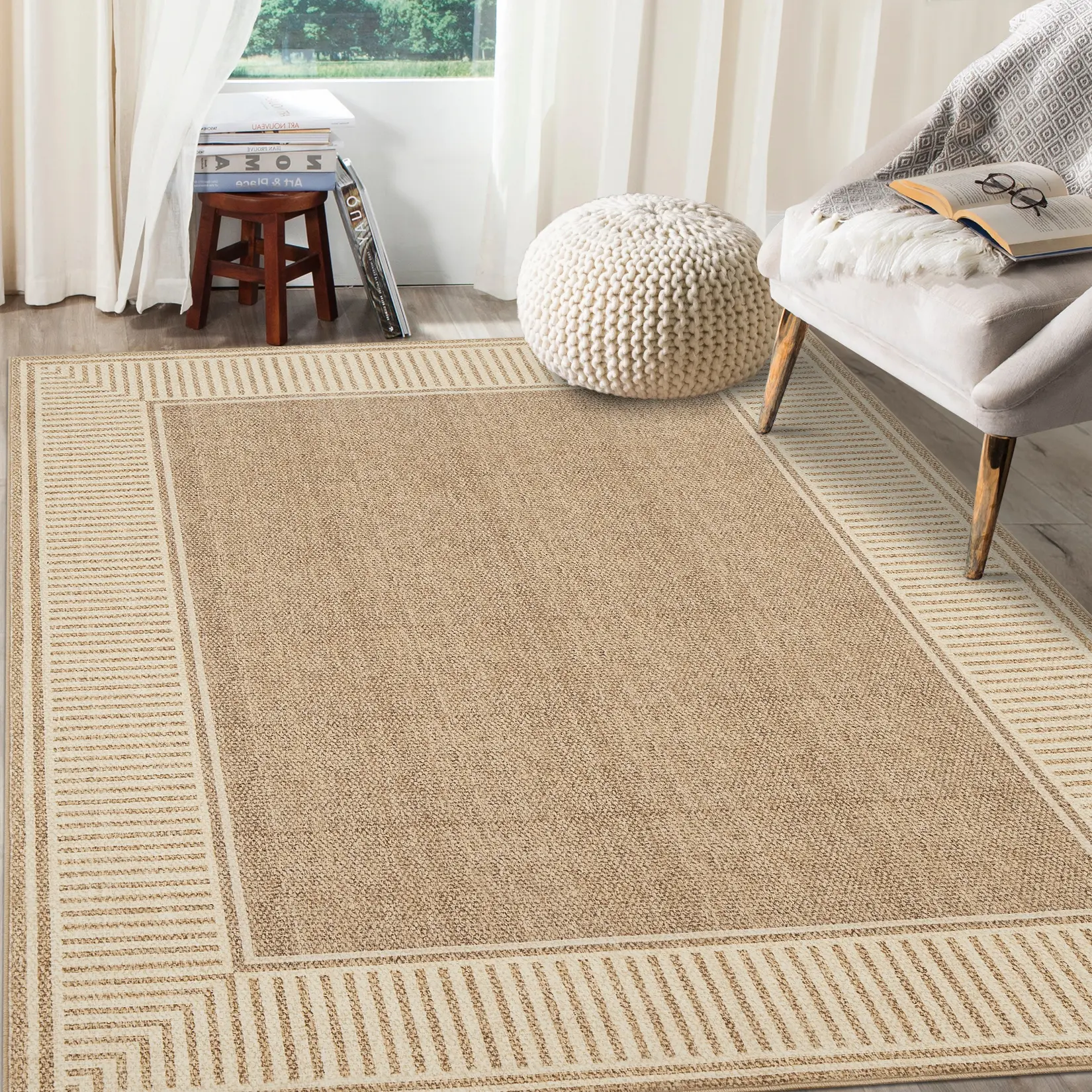 Modern Striped Area Rugs Washable Soft Rug,Bordered Neutral Non Slip Carpet Modern Bordered Low Pile Ultra Soft Floor Cover Stain Resistant Rugs for Bedroom Dining Room Apartment,dorm essentials,home decor