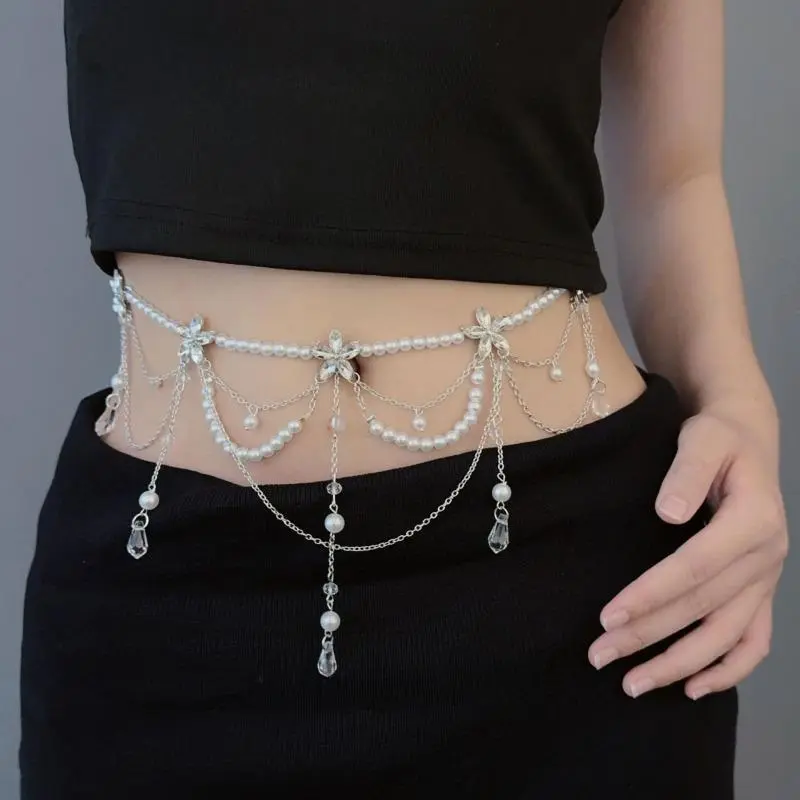 Fairy-Style Belly Chain for Women, Cute Layered Waist Beads with Artificial Pearls, Flowers, and Tassels, Fashion Body Jewelry for Parties, Pearl Waist Beads, Party, Waist Chain