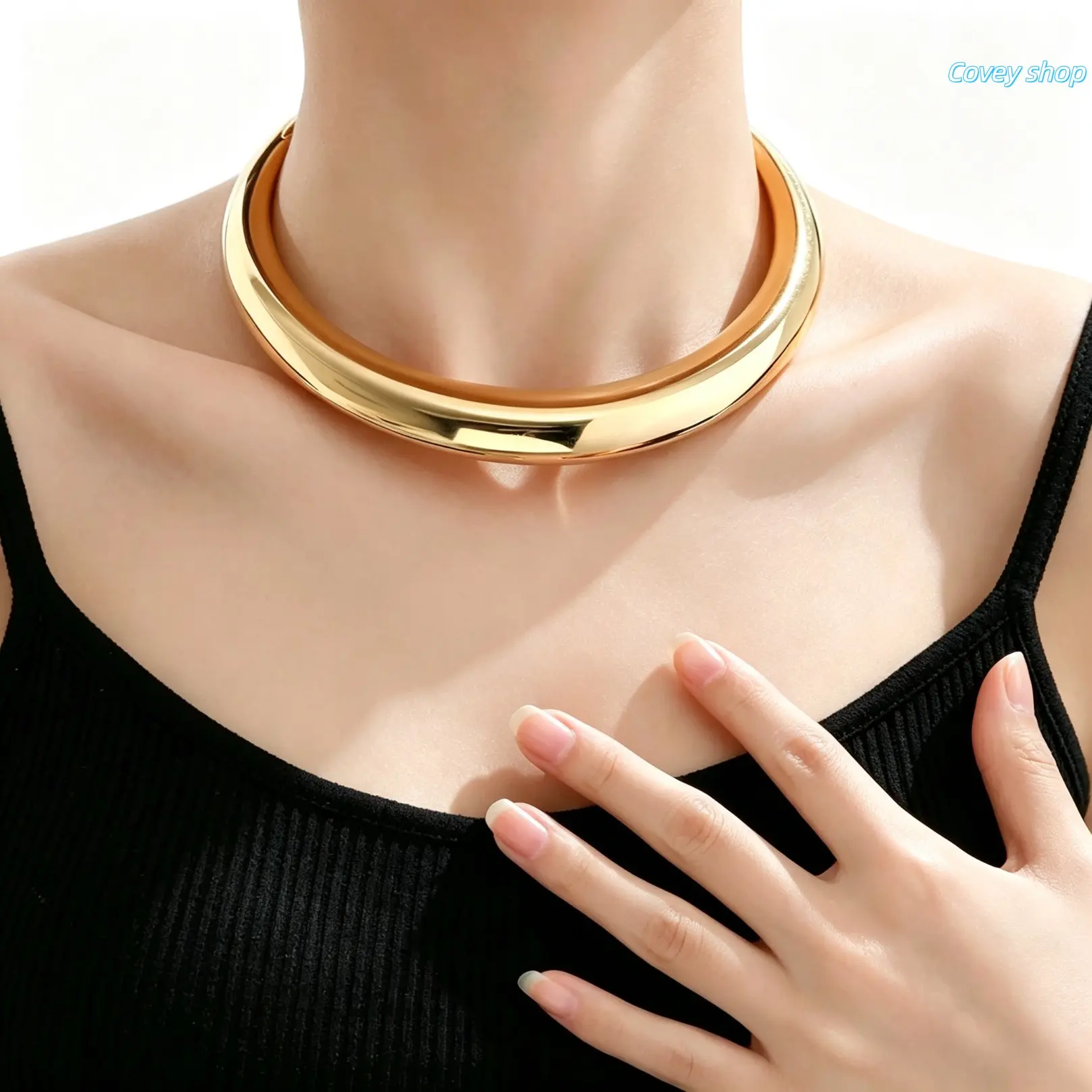 Women's Smooth Metallic Stainless Steel Collar Choker Necklace - Polished Curved Torque Jewelry, Minimalism Daily Wear Accessory for Dating, Parties (Collectibles Figurine Accessory)
