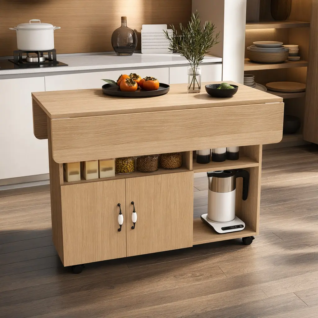47-Inch Foldable Dual-Use Dining Table - MDF Ancient Oak, Multi-Functional Expandable Desk with Storage Shelves & Wheels, 27.56" w x 47.24" d x 30.31" h, 55.12 lb, Seats 4, Compact for Small Spaces, Assembly Required, Walnut/White Options, Mdf Wood