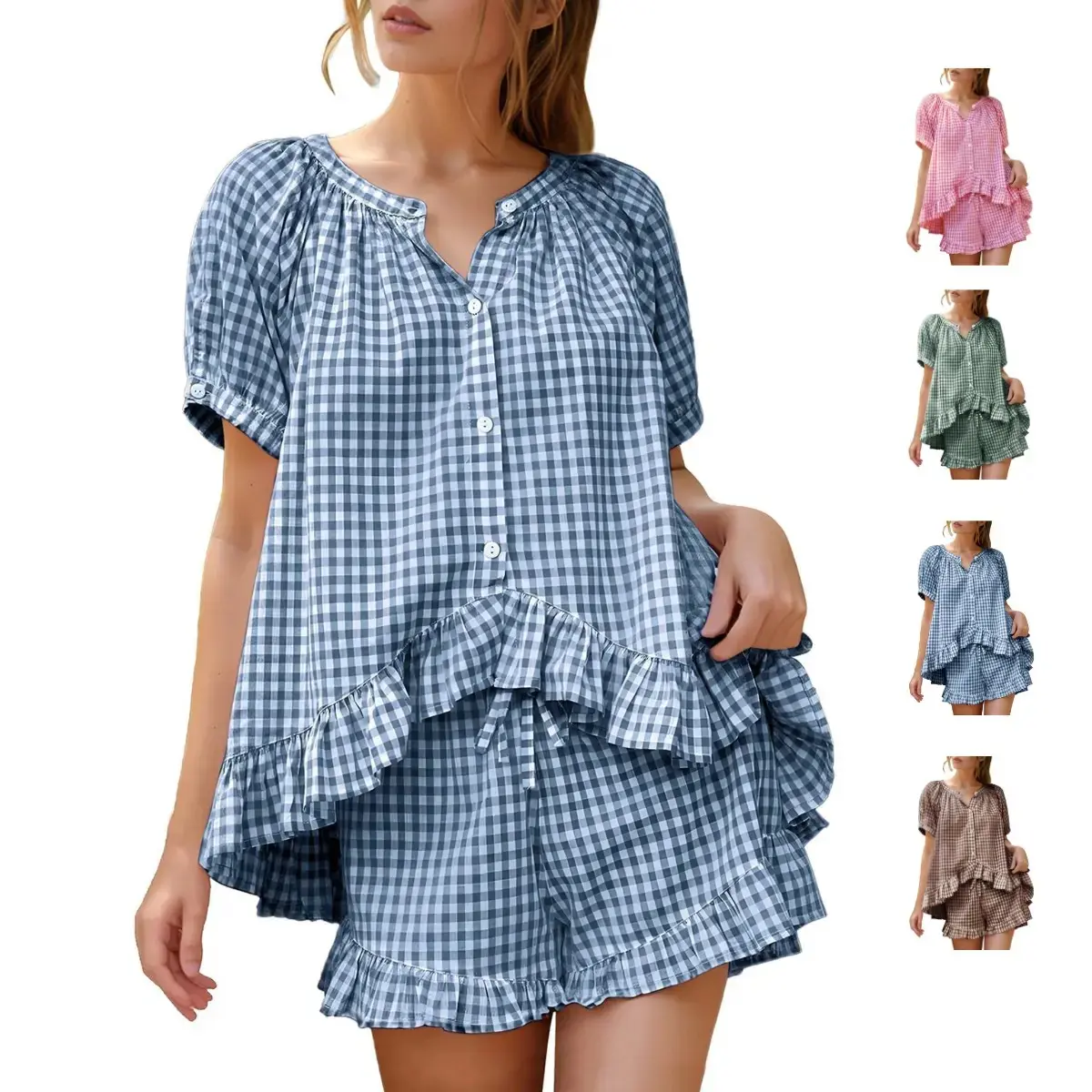 Women's Gingham Pajamas Set 2 Piece 100% Cotton Pjs Lounge Sets Y2K Vacation Casual Summer Babydoll Sleepwear with Pockets Outfits Homewear