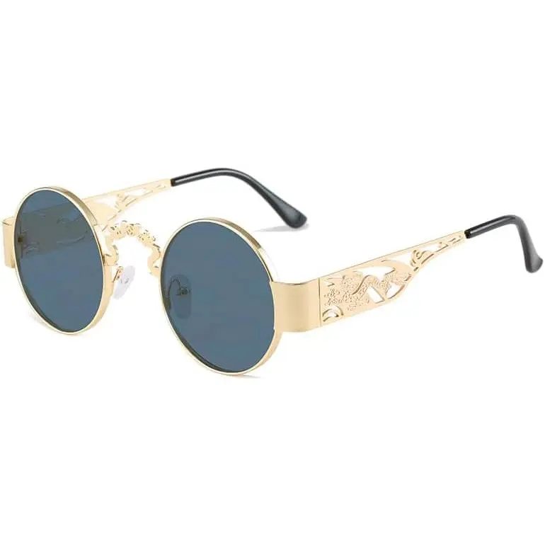 Chinese Style Round Sunglasses - Dragon  Engraved Hollow Temples, Metal Frame Retro Punk UV400 Glasses