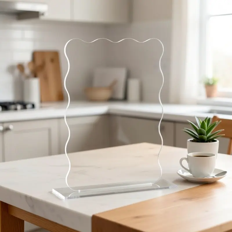 Wavy Rectangular Acrylic Sign with Base - Transparent rectangular sign with a wavy design, ideal for weddings and event signage - For upright display on desks or counters.