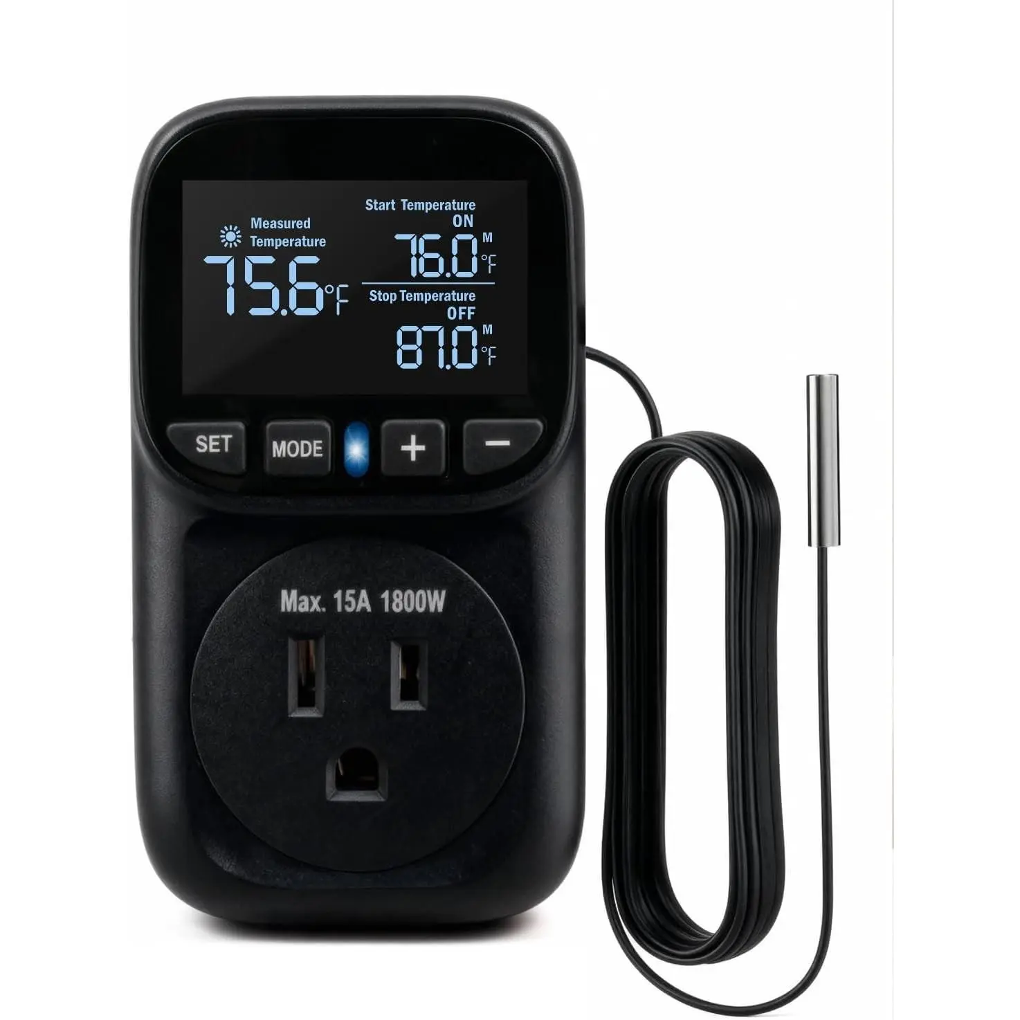 Temperature Controlled Heavy Duty 15A 1800W Heating Cooling Thermostat Plug Outlet, -40℉~210℉ LCD Display for Greenhouse Heater Incubator Homebrew Heat Lamp