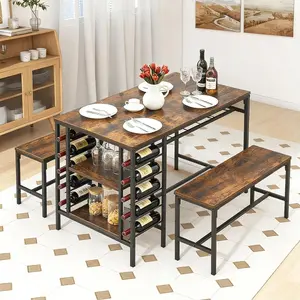 3-Pieces Dining Table Set for 2-4 People, Small Kitchen Dinner Table with 2 Benches, Storage Drawer & 2-Tier Shelf, Wine Rack Design, Space-Saving Multifunctional Dining Table Set for Kitchen, Dining Room, Living Room, Home Office Use