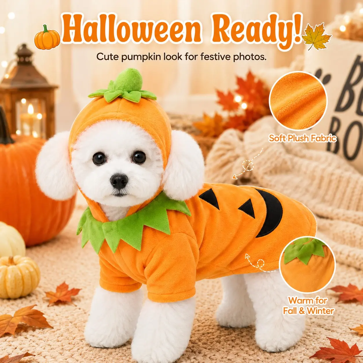 Cute Halloween Pet Pumpkin Costume, Animal Costume, Warm Fall Winter Coat for Dogs Cats, Hooded Cape, Soft Plush, Easy on Off, Festive Photo Prop