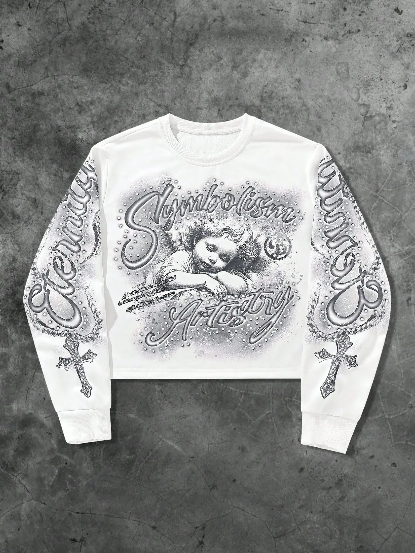 American Vintage Symbolism Art Theme Rhinestone Print Angel Short Sleeve Drop Shoulder Loose High Waist Gothic Streetwear Underwear Top Casual Long Sleeve