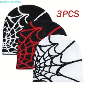 3 Pack Retro Gothic Hip Hop Knitted Beanie, Funky Streetwear Winter Hat With Handmade Feel, Warm Machine Washable Casual Headwear for Daily Outdoor Wear