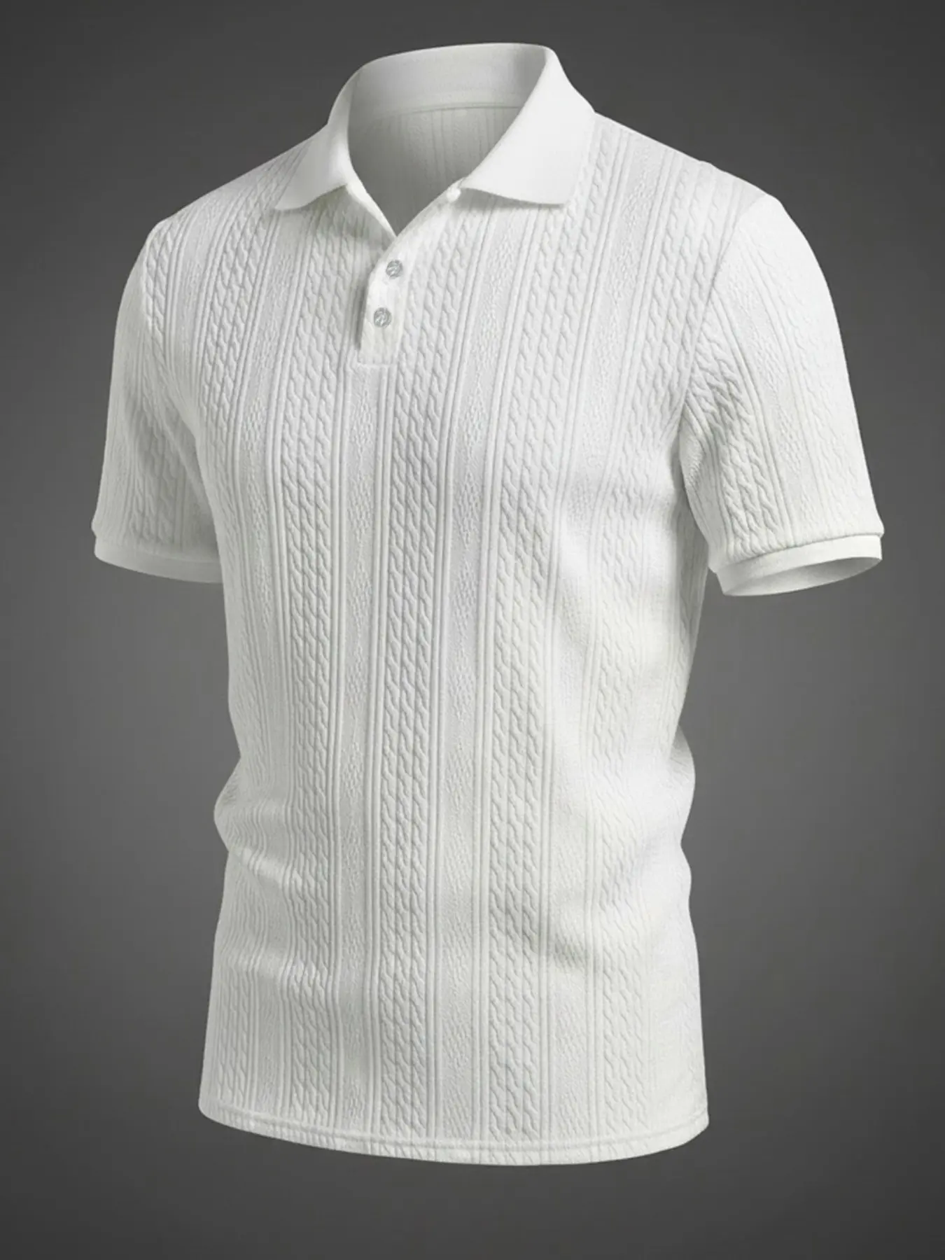 1 Piece Men Vertical Cable Knit Button Placket Polo Shirt, Classic Smart Casual Style, Solid White Color, Breathable Textured Fabric, Slim Fit Short Sleeve Top for Office Commute Daily Vacation