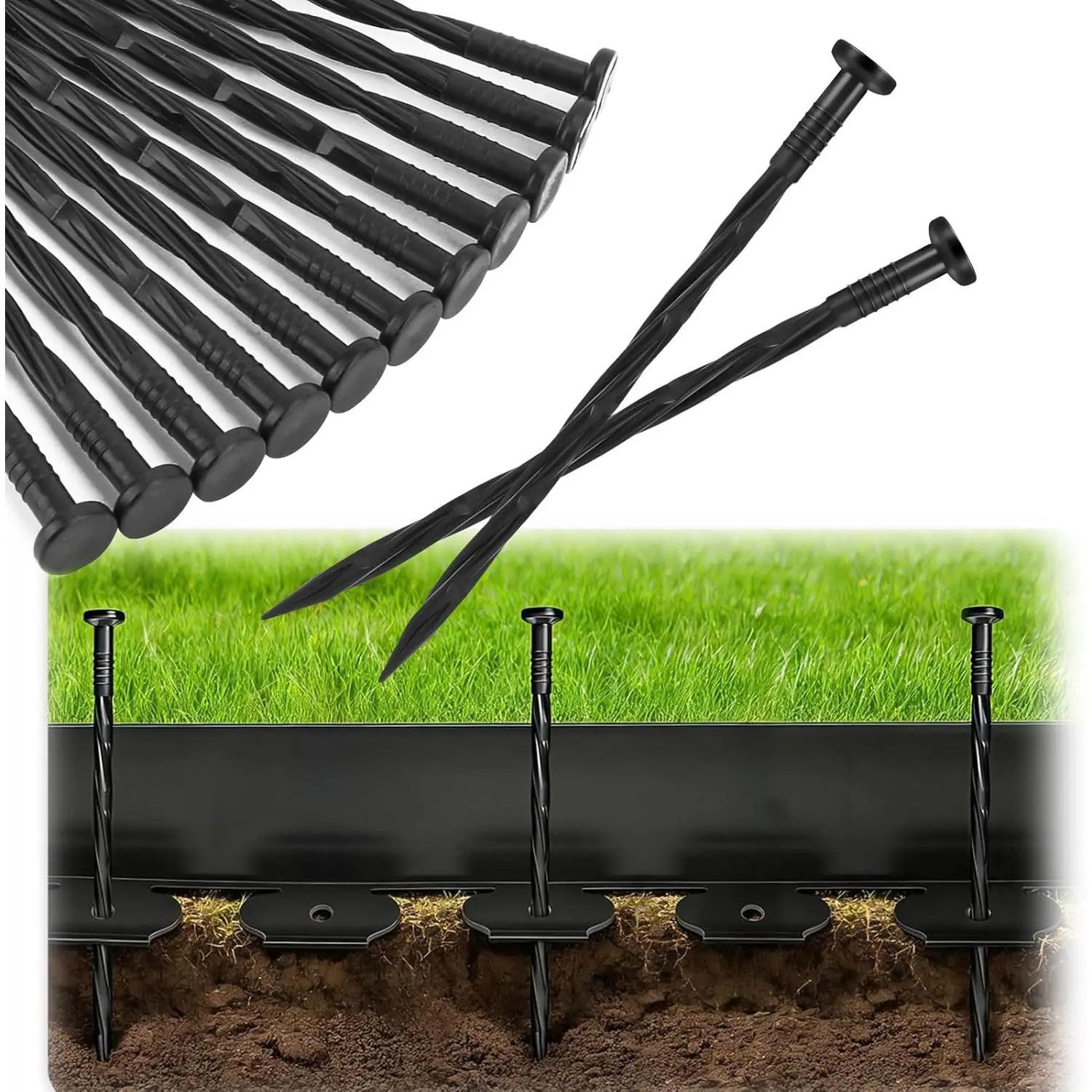 100PCS 8-Inch Plastic Landscape Edging Stakes, Spiral Nylon Landscape Spikes, Anchoring Nails for Weed Barrier, Paver Edging, Landscape Edging, Artificial Turf, Grass Pathways, Black