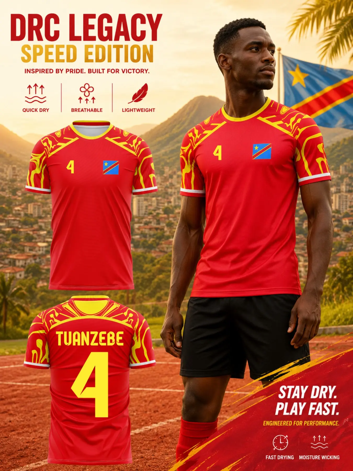 2026 Drc National Team Soccer Jersey, Tribal Pattern, Unisex, Quick-Dry, Breathable, Lightweight, Round Neck, Gift for Fans, Football Jersey, Sport Jersey, Sports Clothing