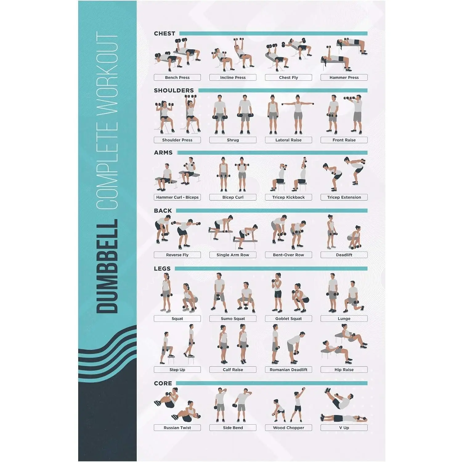 Dumbbell Workout Exercise Poster - Workout Routine with Free Weights, Home Gym Decor, Room Guide (16.5 x 25 Inch)
