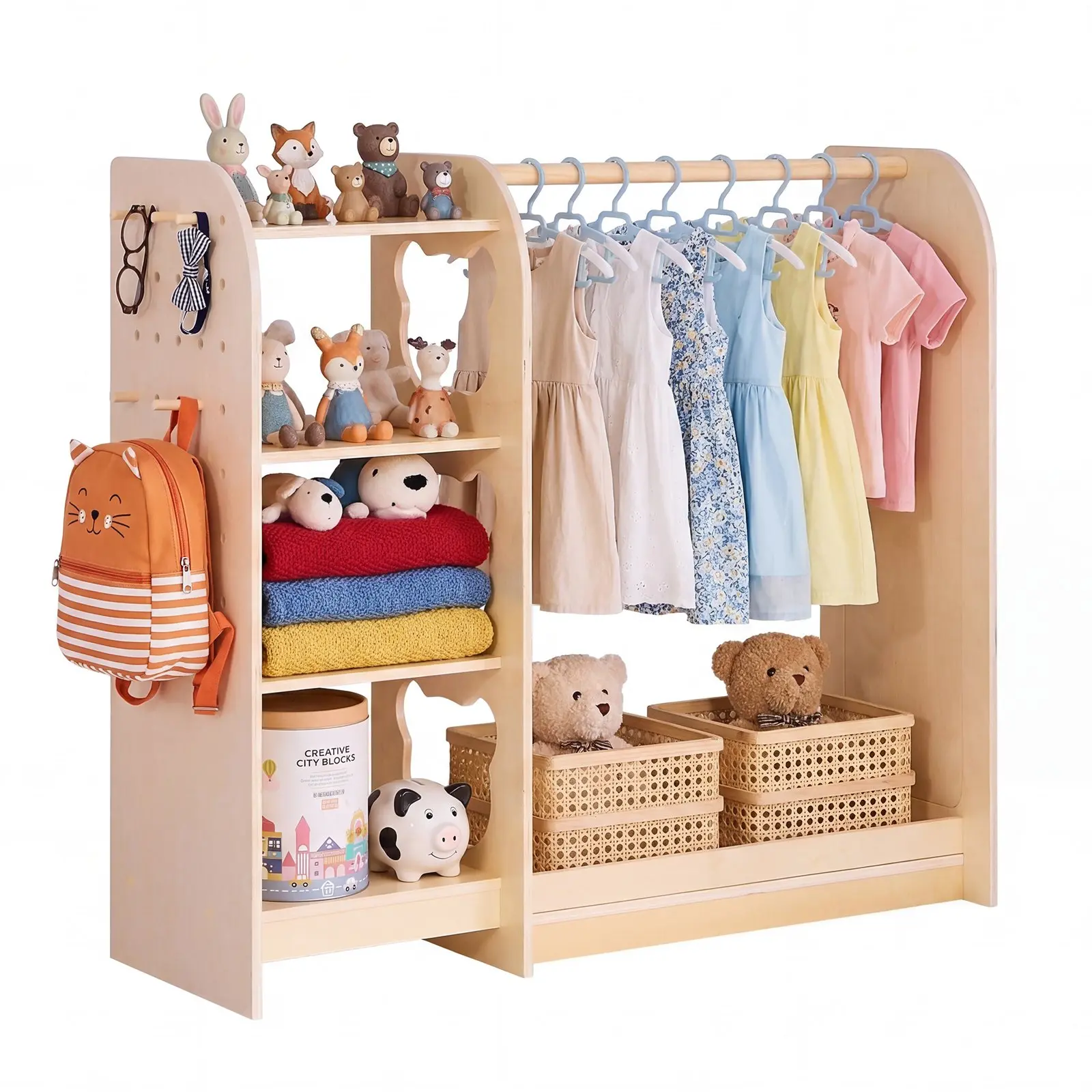 VEVOR Kids Dress Up Storage, with Mirror, Wooden Kids Dress Up Rack, Toddler Wardrobe Closet for Little Girls, Storage Armoire, Costume Organizer, Children Playroom Furniture, for Bedroom, Natural