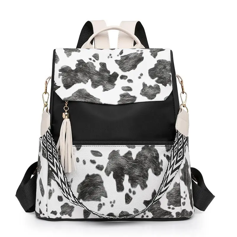 BIGWIG Women’s Unisex Color-Block Cow Print Animal Print Backpack - Large-Capacity Chic Multifunctional Casual Contrast-Pattern Rucksack with Zipper Storage for Daily Use, Backpacks for School
