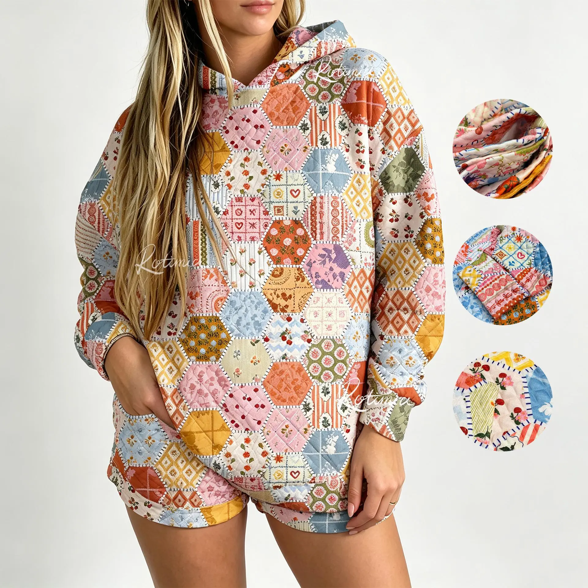 Retro Floral Hexagon Patchwork-Style Two-Piece Loungewear Set / Loose Hoodie & Shorts Set