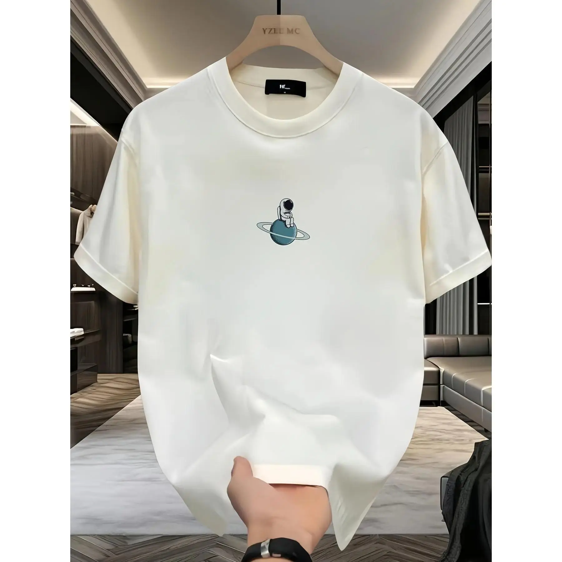 Men's Astronaut Graphic CVC Fabric Sports Top - Fitted Cut, Casual Streetwear, Round Neck, Short Sleeve, Unique Funny Gift for Men