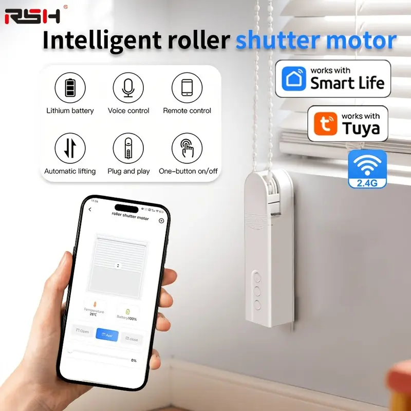 Rsh WiFi Roller Smart Shade Driver, Handheld Remote & Wireless HUB, Automate Blinds, Beaded Shade Compatible, Rechargeable Battery, Voice Control, Home