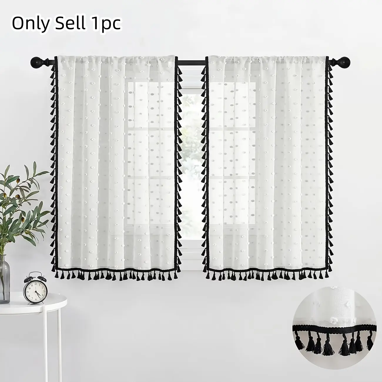 1pc French Polka Dot Velvet Curtain, Fringe Sheer Drapes, Kitchen Bay Window Decor, Luxury Plush Round Point Frame, Bathroom Coffee Shop Short Chain, Window Curtains