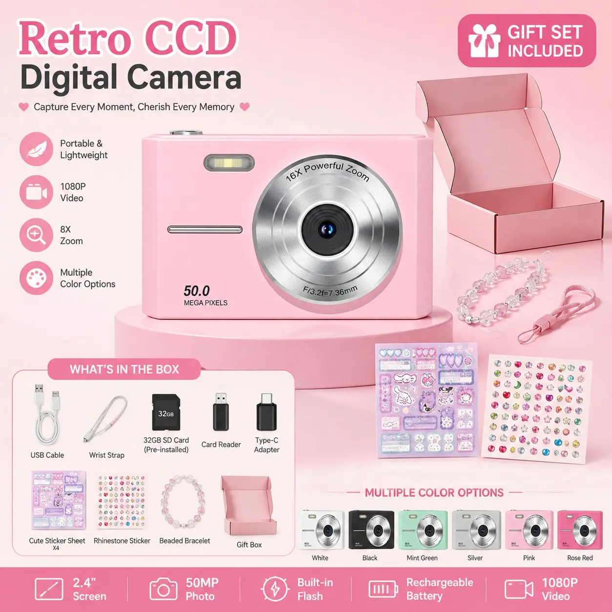 Retro CCD Digital Camera with 1080P Video, Portable Compact Camera for Teens Girls, Flash, 8X Zoom, Multiple Filters, Multiple Color Options, SD Card Kit for Travel Gift