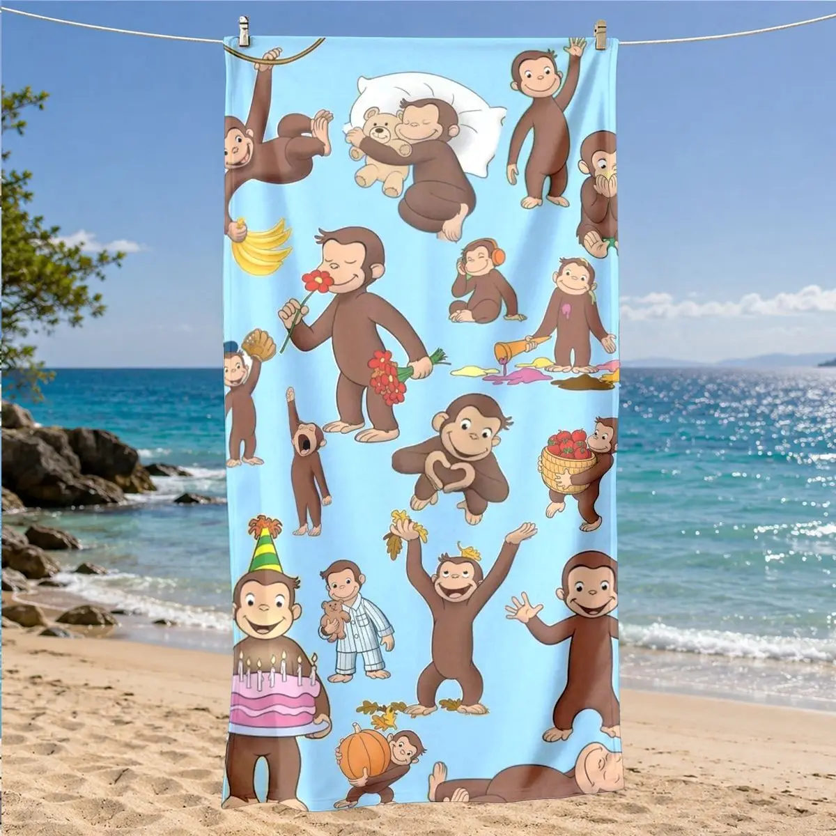 Light Blue Cartoon Monkey Beach Towel, Quick-Dry Microfiber, Sand-Proof Sunscreen, Lightweight Comfort, Surfing Swimming Yoga Essential