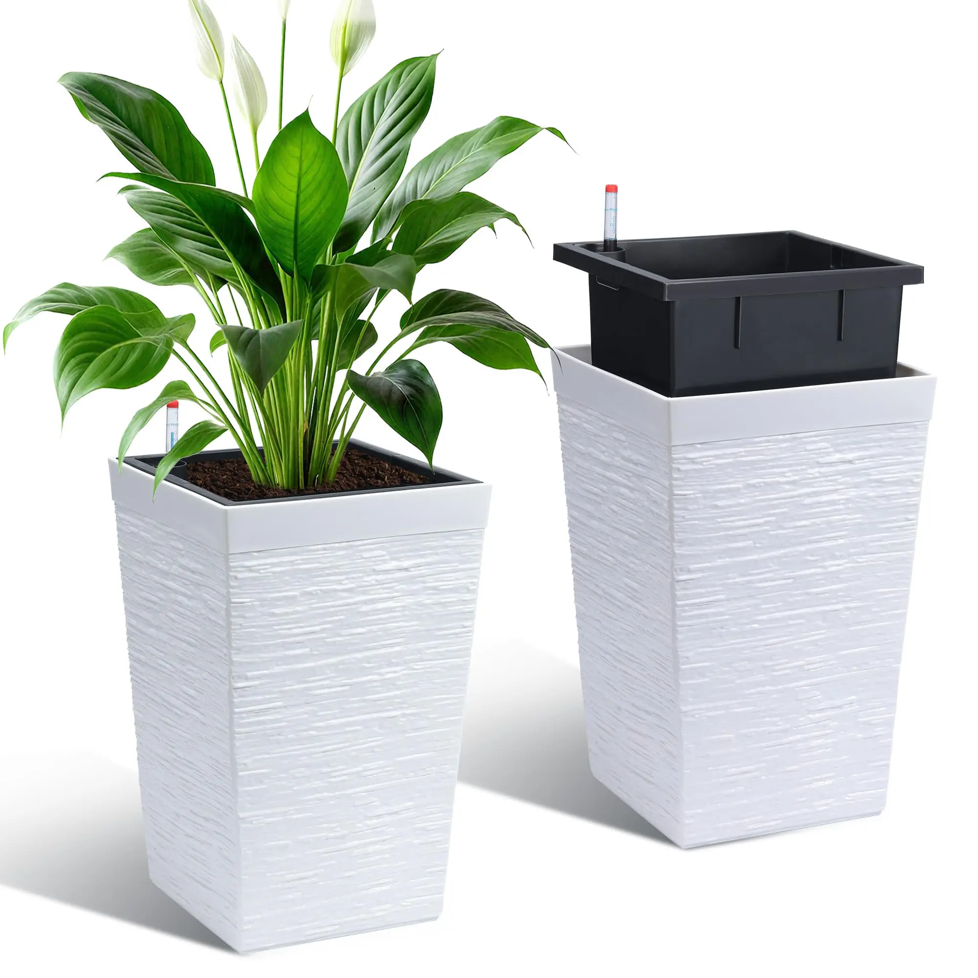 Self-Watering Tall Planters Set of 2 – 16" Large Plastic Flower Pots with Water Level Gauge, Drainage Holes, Built-in Handles – Durable Modern Planter for Indoor & Outdoor Use – Ideal for Patio, Balcony, Home, Flowers, Herbs, Vegetables