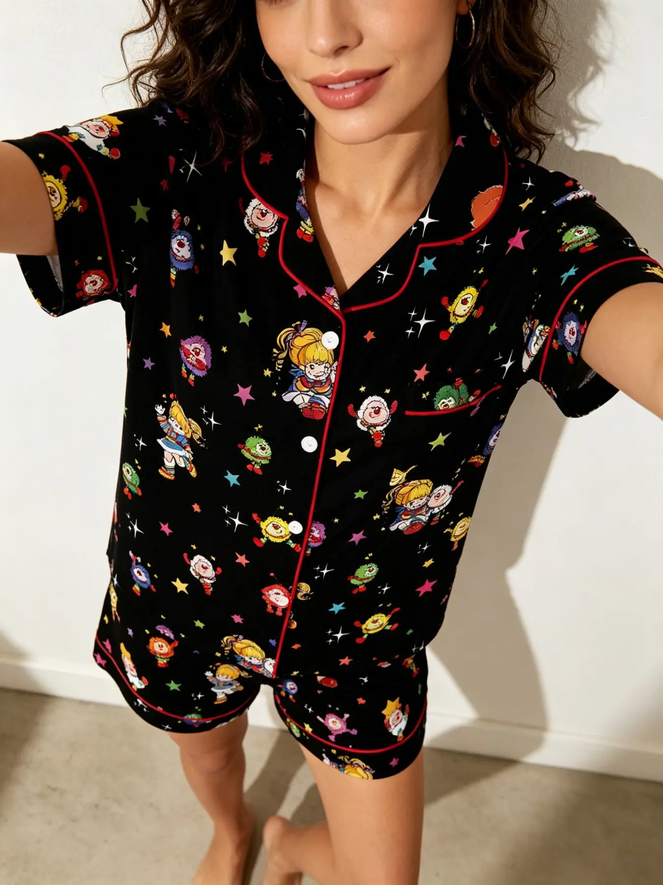 Vintage Cartoon Star Print Women's Pajama Set, Loungewear, Pyjamas, Short Sleeve Button Down Top + Shorts, Cute Animal Pattern, Comfortable Daily Wear