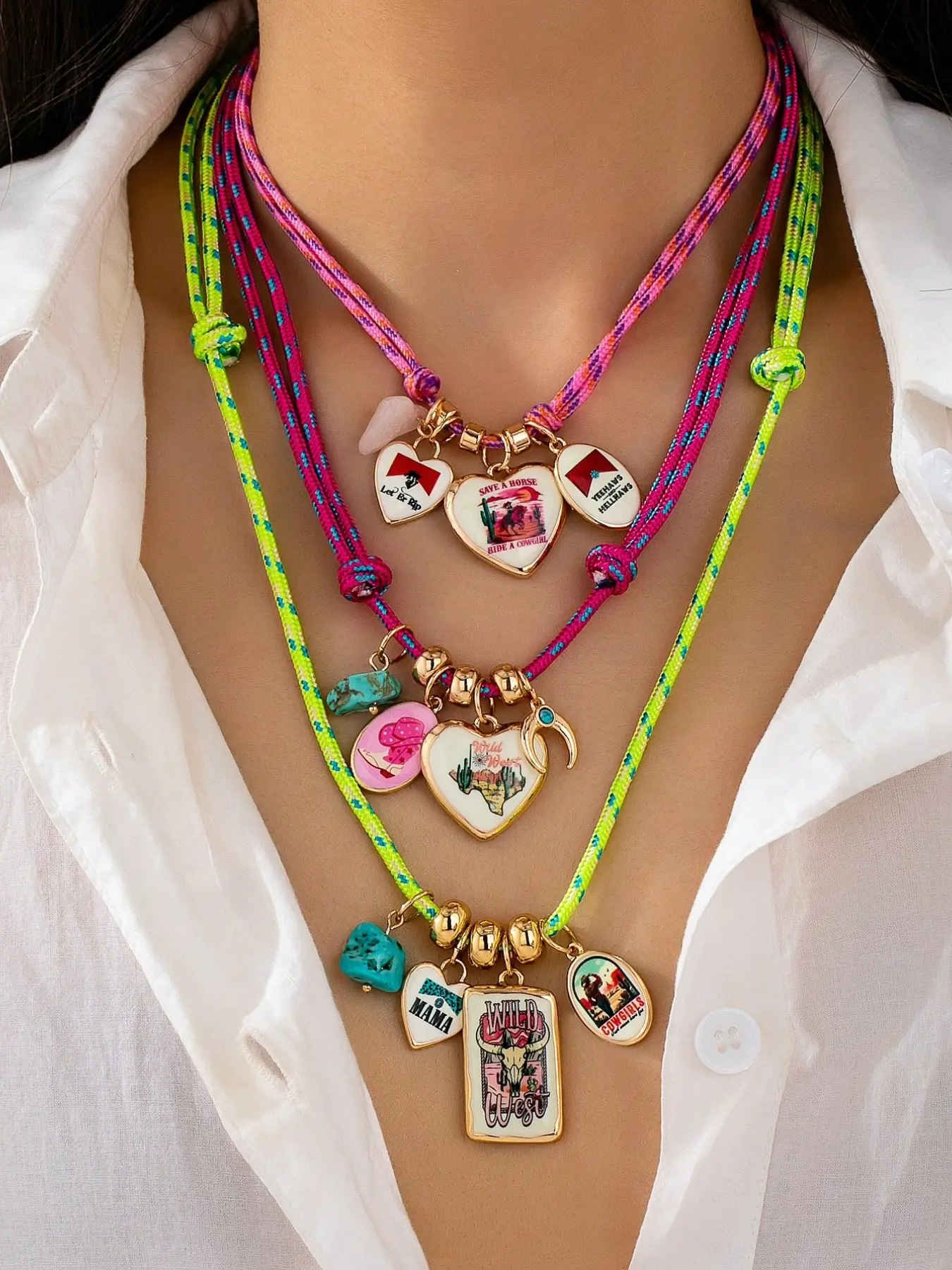 3Pcs Western Cowboy Charm Cord Necklace Set for Women - Boho Layered Colorful Braided Rope Necklaces with Turquoise & Enamel Heart Pendants, Wild West Statement Jewelry, Costume Jewelry Accessory