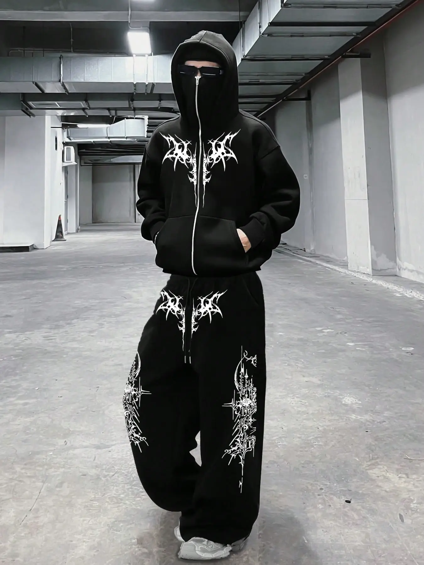 Men's 2-Piece Sweatshirt Set, Irregular Thorn Pattern Print, Long Sleeve Zipper Front Jacket + Drawstring Loose Pants, Casual Fall & Winter