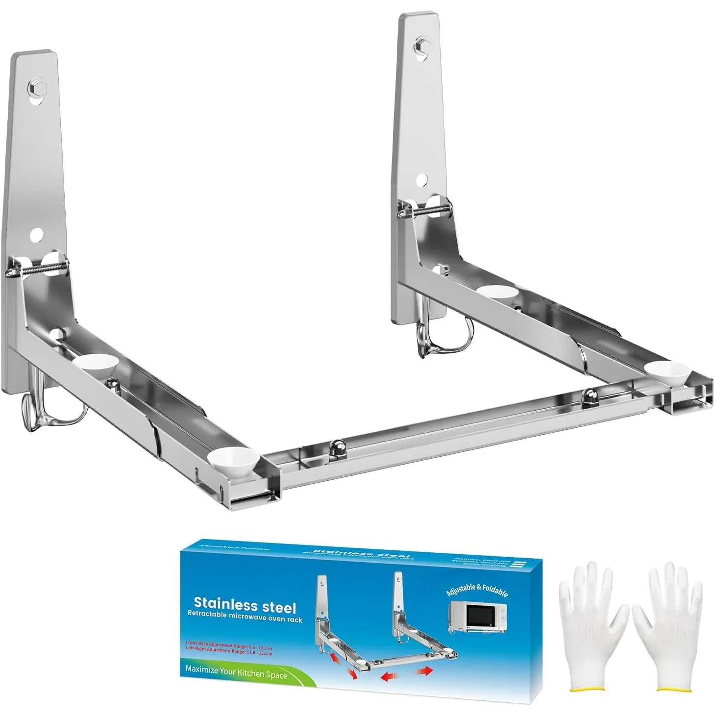 Stainless Steel Microwave Oven Wall Mount Organiser - Durable Adjustable Size Bracket with Removable Hooks, Foldable Stretch Arm, Functional Rack Kitchen Utility Stand Shelf (100 lb Load Capacity), Microwave Holder