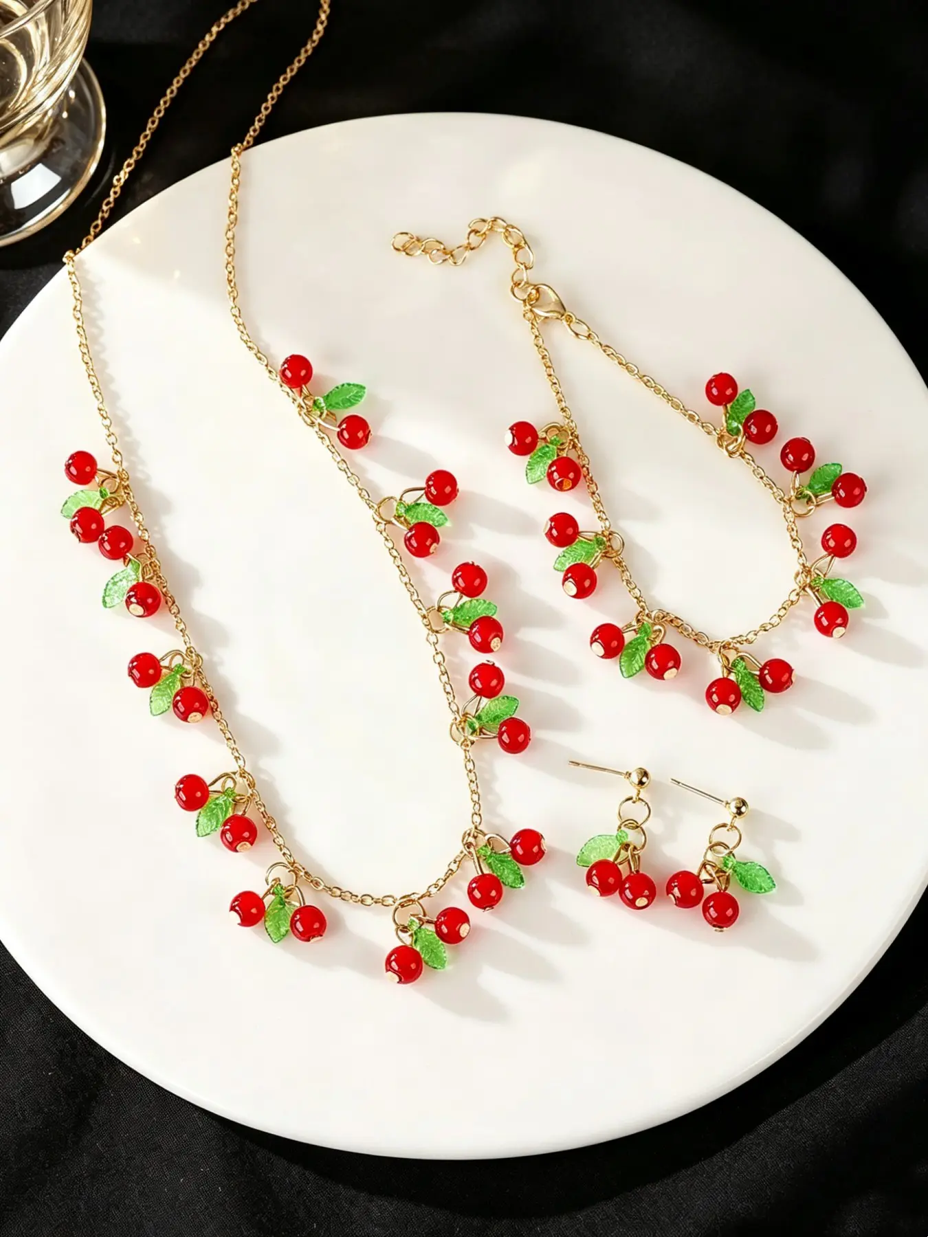 4-piece cherry jewelry set - Cute and classic red and green cherry pendant necklaces and earrings, perfect for ladies' anniversary, daily, casual, party, vacation, birthday, and festivals.