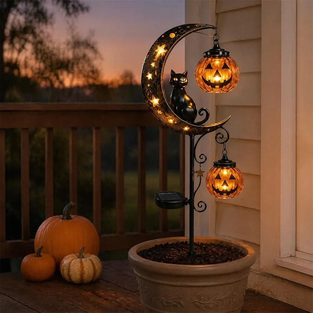 Solar Halloween Black Cat and Pumpkin Moon Garden Stake Light, Solar Garden Decoration Outdoor Waterproof Metal Pumpkin Stake with Black Cat, Suitable for Patio, Yard, Lawn Decoration, Halloween Decoration
