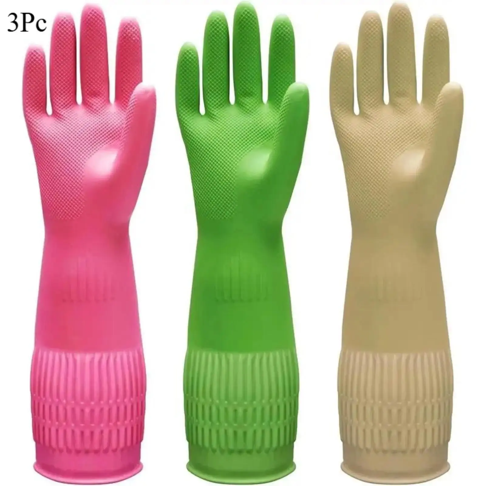 Rubber Cleaning Gloves, 3 Pairs XL, 15in Long Cuff - Waterproof, Reusable, and Antislip with a Secure Grip for Kitchen & Laundry, Antislip Cleaning Gloves, Household, 15In Cuff