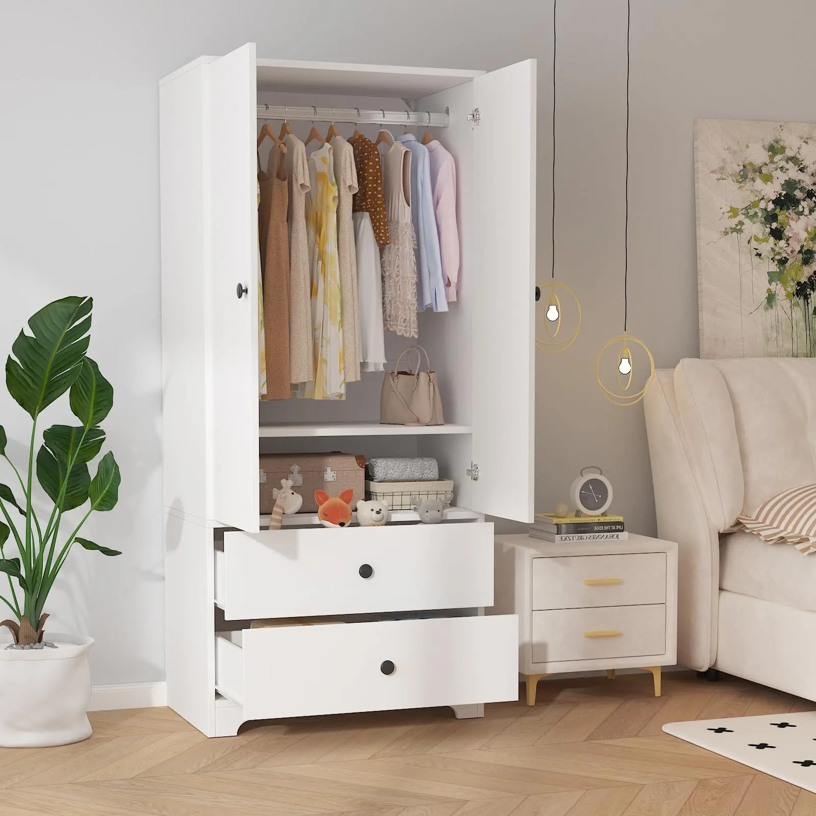 GAOMON 71-Inch Wooden Armoire Wardrobe, Freestanding Closet with Hanging Rod, Drawers, Adjustable Shelves, Soft-Close Hinges, Anti-Tip Safety Feature, Modern Bedroom Storage Furniture