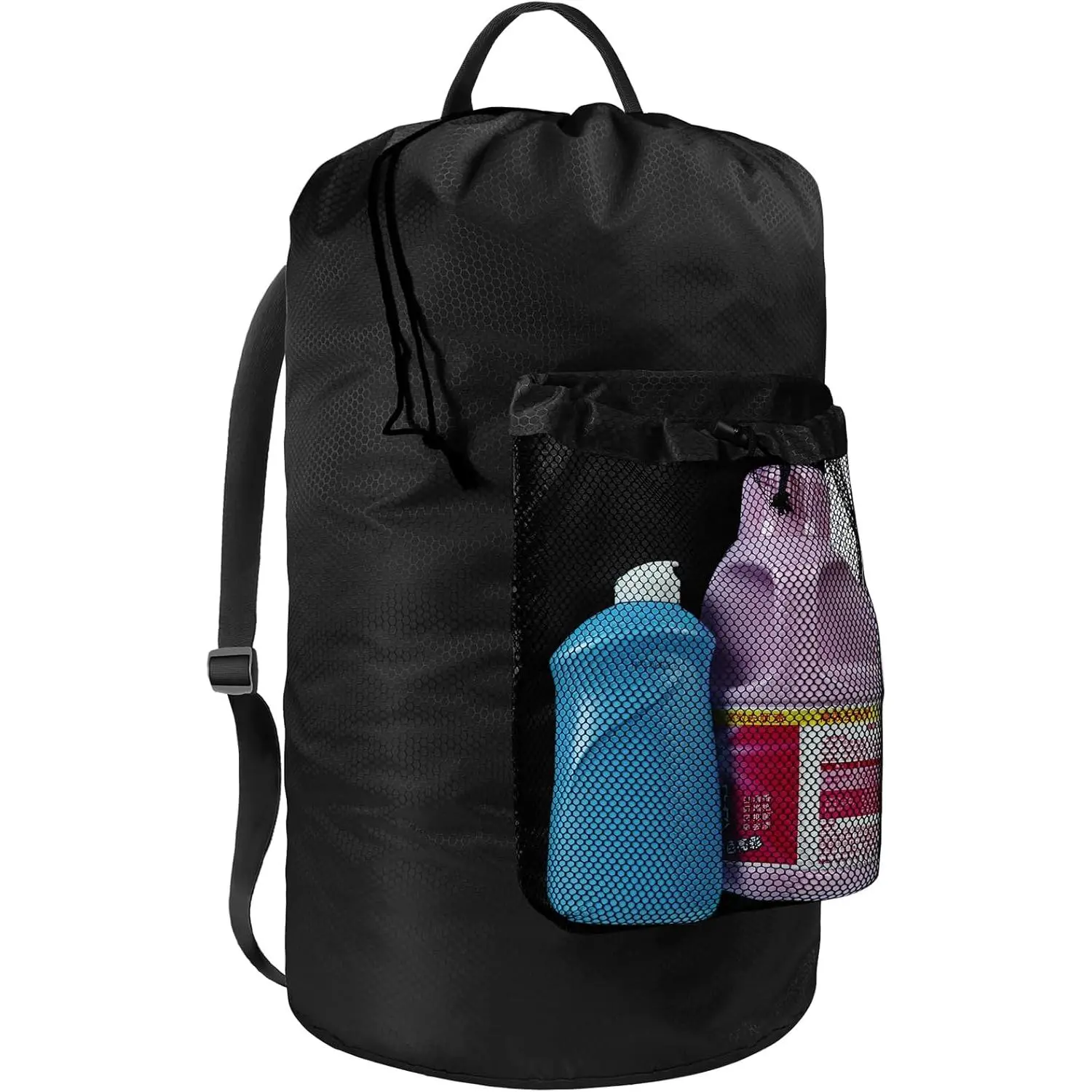Laundry Bag with  Straps and Mesh Pocket Laundry Backpack Large Portable Laundry Hamper for College Travel, Laundromat, Apartment (Black)