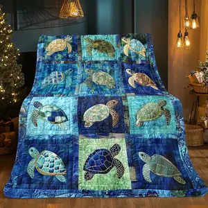 Sea Turtle Quilt Flannel Throw Blanket, Ocean Mosaic Patchwork Soft Cover, Cozy Warm Nautical Gift for Her Him, Coastal Home Decor for Couch Sofa Bed, Summer AC Nap Blanket, Birthday Christmas Gift for Beach Lovers
