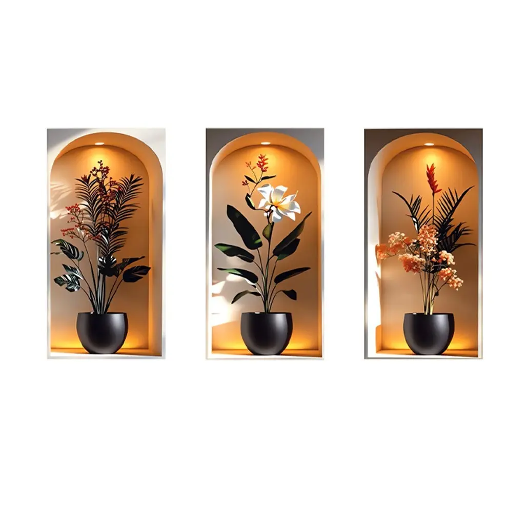 Elegant Tropical Plant Niche Wall Stickers, Decorative Wall Sticker, Arch Display Window Theme Exotic Leaf Floral Fake Window Scene, Removable Self-Adhesive PVC Wallpaper